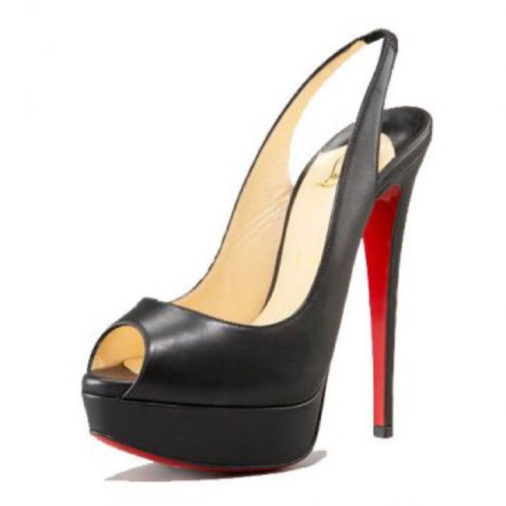CL Black leather peep-toe slingback pumps